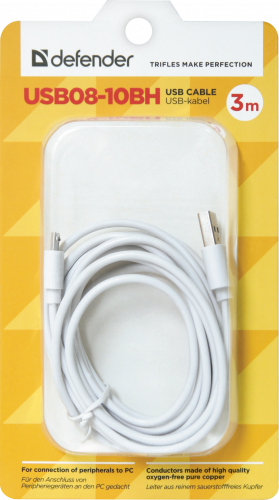 Кабель DEFENDER USB08-10BH USB2.0, белый, AM-MicroBM, 3м (1/100) (87468) фото 6