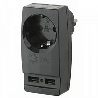 Адаптер ЭРА SP-1e-USB-B "Polynom" 1гн 220V + 2xUSB 2100mA, c заземл, (черный) (1/10/60/1440)