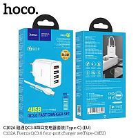 Блок питания сетевой 4 USB HOCO C102A Fuerza, 2.1A, кабель Type-C, цвет: белый (1/13/130) (6931474777744)