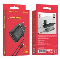 Блок питания сетевой , 2 USB Borofone, BA50A, 2100mAh, пластик, кабель 8 pin 1.0м, цвет: чёрный (1/35/140)