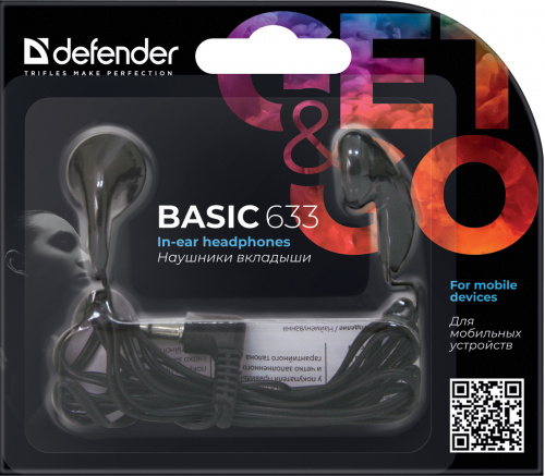 Проводные внутриканальные наушники DEFENDER Basic 633 вкладыши, шнур 1.1 м, черные (1/200) (63633) фото 5