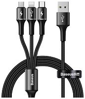 Кабель USB Series 3-in- Apple 8 pin, Type-C, микро USB Baseus, CAMLT-HA01, Halo, 1.2м, круглый, 3.5A, нейлон,алюминий, цвет: чёрный