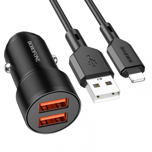 Блок питания автомобильный 2 USB Borofone BZ19, Wisdom, 12Вт, кабель  8 pin, цвет: чёрный (1/94/376) (6974443387339)
