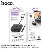 USB-концентратор HOCO HB31, пластик, 4 USB 3.0 выхода, кабель Type-C 0,2м, цвет: чёрный (1/19/190) (6931474784919)