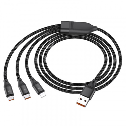 Кабель USB - 8 pin (2.4A), Type-C (6.0A), микро USB (2.0A) HOCO U104 Ultra, 1.2м, круглый, нейлон, алюминий, 22.5W, цвет: чёрный (1/22/220) (6931474755933)
