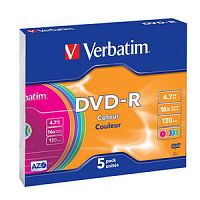 Диск VERBATIM DVD-R 4.7 GB (16х) Slim Color (5) (100) (43557)