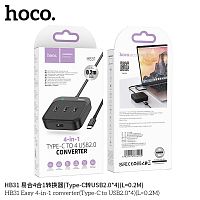 USB-концентратор HOCO HB31, пластик, 4 USB 2.0 выхода, кабель Type-C 0,2м, цвет: чёрный (1/19/190) (6931474784902)