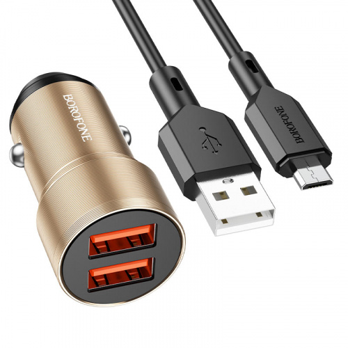Блок питания автомобильный 2 USB Borofone BZ19, Wisdom, 12Вт, кабель микро USB, цвет: золотой (1/94/376) (6974443387377)