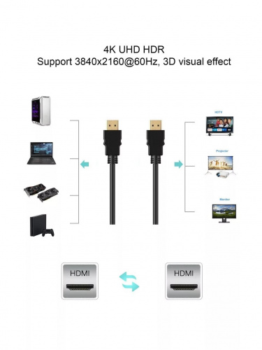 Кабель HDMI-19M --- HDMI-19M ver 2.0+3D/Ethernet ,1m Telecom <TCG200-1M> (1/100) фото 2