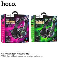 Наушники полноразмерные HOCO W107 Cute cat luminous, пластик, подсветка, микрофон, AUX, 2,0м, цвет: чёрно зелёный (1/30) (6931474791269)