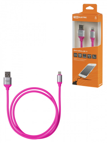 Дата-кабель TDM ДК 21, USB - Lightning, 1 м, силиконовая оплетка, розовый, (1/200) (SQ1810-0321)