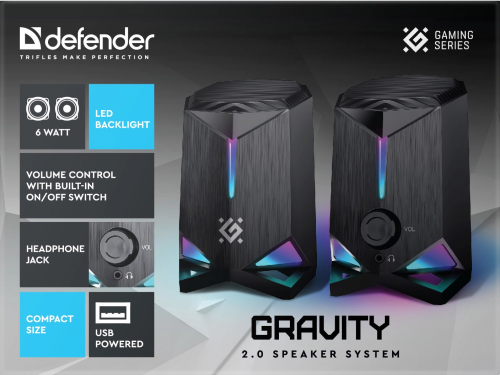 Акустическая 2.0 система DEFENDER Gravity 6Вт, подсветка, питание от USB, черный (1/30) (65048) фото 2