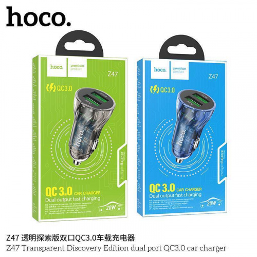 Блок питания автомобильный 2 USB HOCO Z47 TDE, 3000mA, пластик, QC3.0, PD20Вт, цвет: чёрный (1/13/130) (6931474782212)