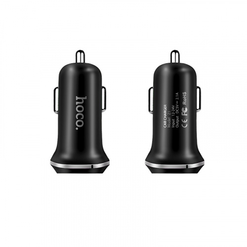 Блок питания автомобильный 2 USB HOCO Z1, 2100mA, пластик, кабель 8 pin, цвет: чёрный (1/96) (6957531040125) фото 2