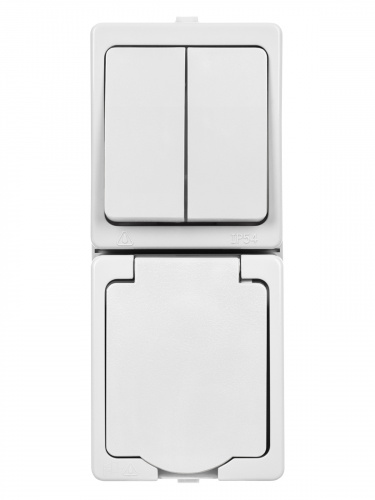 Блок (вертикальный) выключатель 2-кл. + розетка 2П+З с з/ш БКВР IP54 "Вуокса" белый TDM (5/50) (SQ1803-1013) фото 5