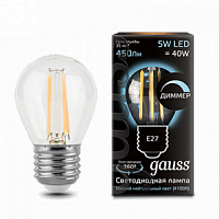 Лампа светодиодная GAUSS Filament Шар 5W 450lm 4100К Е27 диммируемая 1/10/50 (105802205-D)