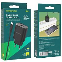 Блок питания сетевой 1 USB Borofone, BN1, 2100mA, пластик, кабель Type-C, цвет: чёрный(1/60/240)