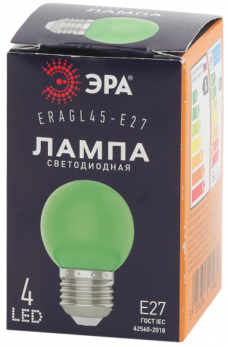 Лампа светодиодная ЭРА GL45-E27 Р45-1W-E27 (диод. шар, зел., 4SMD, 1W, E27, для белт-лайт) (10/100/6000) фото 4