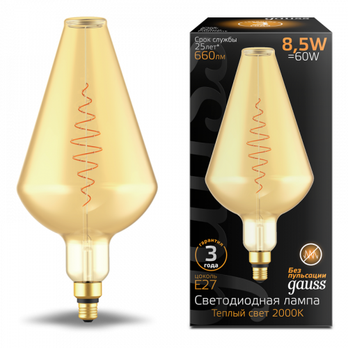 Лампа светодиодная GAUSS Filament Vase 8.5W 660lm 2000К Е27 golden flexible 1/2 (180802105)