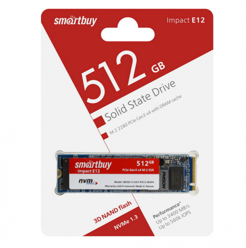 Внутренний SSD  Smart Buy  512GB  Impact E12, PCIe Gen3 x4, R/W - 3400/2600 MB/s, (M.2), 2280, Phison PS5012-E12, TLC 3D NAND (SBSSD-512GT-PH12-M2P4)