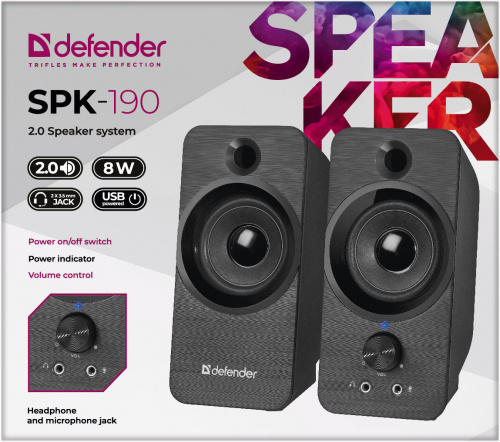 Акустическая система Defender 2.0 SPK-190 черный, 8 Вт, питание от USB (1/24) (65190) фото 9