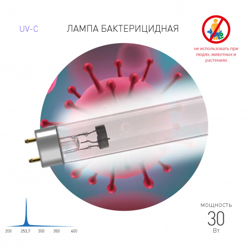 Лампа ЭРА UV-С ДБ 30 Т8 G13 люминесцентная бактерицидная ультрафиолетовая T8/30W (25/700) (Б0048973) фото 2