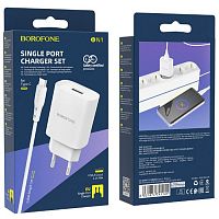 Блок питания сетевой 1 USB Borofone, BN1, 2100mA, пластик, кабель Type-C, цвет: белый(1/60/240)