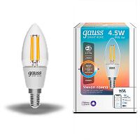 Лампа светодиодная GAUSS Smart Home, филамент, Wi-Fi и голосовое управление, програм-ние режимов, диммер, DIM+CCT E14 C35 4,5 Вт 2000-6500 К 1/10/ (1250112)