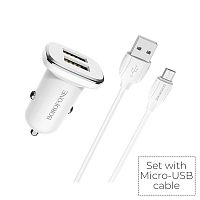 Блок питания автомобильный 2 USB Borofone, BZ12, Lasting, 2400mA, пластик, кабель микро USB, цвет: белый (1/44/176)