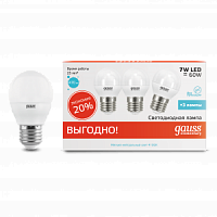 Лампа светодиодная GAUSS Elementary Шар 7W 470lm 4100K E27 (3 лампы в упаковке) 1/40 (53227t)
