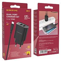 Блок питания сетевой 2 USB Borofone, BN2, 2100mA, пластик, кабель Type-C, цвет: чёрный(1/60/240)