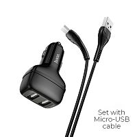 Блок питания автомобильный 2 USB HOCO, Z36 Leader, 2400mA, кабель Micro-USB 1м, огнестойкий, пластик, чёрный(1/14/140)