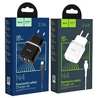 Блок питания сетевой 2 USB HOCO, N4, Aspiring, 2.4A, пластик, кабель Type-C, цвет: белый(1/12/120)