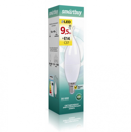 Лампа светодиодная SMARTBUY C37 9,5Вт 3000K E14 (свеча на ветру, матовая, теплый свет) (SBL-C37Can-9_5-30K-E14)