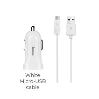 Блок питания автомобильный 2 USB HOCO Z2A, пластик, с кабелем микро USB, цвет: белый (1/28/280) (6957531069560)