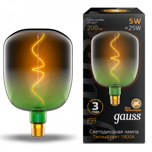 Лампа светодиодная GAUSS Filament V140 5W 200lm 1800К Е27 green-clear flexible 1/6 (1009802105)