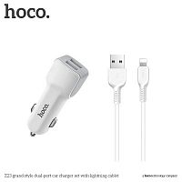 Блок питания автомобильный 2 USB HOCO, Z23, Grand Style, 2400mA, soft touch, кабель 8 pin, цвет: белый (1/25/250)
