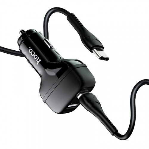 Блок питания автомобильный 2 USB HOCO Z36 Leader, 2400mA, кабель Type-C 1м, огнестойкий, пластик, чёрный(1/14/140) (6931474727770) фото 2