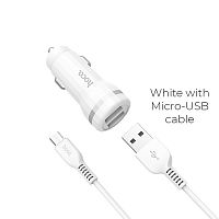 Блок питания автомобильный 2 USB HOCO, Z27 Staunch, 2400mA, кабель Micro-USB 1м, пластик, белый(1/10/100)