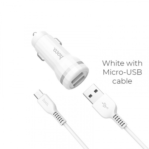 Блок питания автомобильный 2 USB HOCO Z27 Staunch, 2400mA, кабель Micro-USB 1м, пластик, белый(1/10/100) (6957531092865)