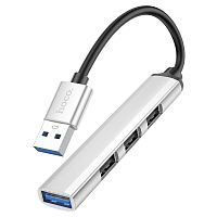 USB-концентратор HOCO HB26, пластик, 4 гнезда, 3 USB 2.0 выхода, 1 USB 3.0 выход, цвет: серебряный (1/18/180) (6931474765451)