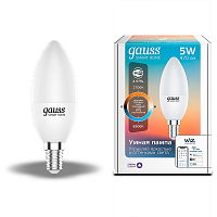 Лампа светодиодная GAUSS Smart Home, Wi-Fi и голосовое управление, програм-ние режимов, диммер, DIM+CCT E14 C37 5 Вт 1/10/100 (1110112)