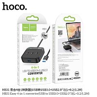 USB-концентратор HOCO HB31, пластик, 4 гнезда, 3 USB 2.0 выхода, 1 USB 3.0 выход, кабель 1,2м, цвет: чёрный (1/19/190) (6931474784896)