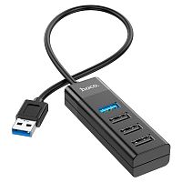 USB-концентратор HOCO HB25, Easy, пластик, 4 гнезда, 3 USB 2.0 выхода, 1 USB 3.0 выход, подсветка, цвет: чёрный (1/18/180) (6931474762412)