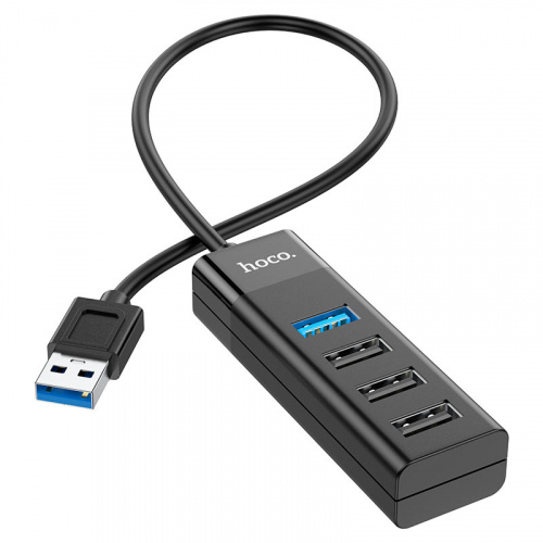 USB-концентратор HOCO HB25, Easy, пластик, 4 гнезда, 3 USB 2.0 выхода, 1 USB 3.0 выход, подсветка, цвет: чёрный (1/18/180) (6931474762412)