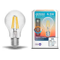 Лампа светодиодная GAUSS Smart Home, филамент, Wi-Fi и голосовое управление, програм-ние режимов, диммер, DIM+CCT E27 A60 6,5Вт 2000-6500 К 1/10/4 (1220112)