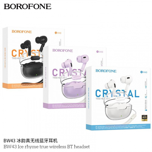 Наушники внутриканальные Borofone BW43 Ice, пластик, bluetooth 5.3, микрофон, цвет: чёрный (1/22/132) (6941991106996)