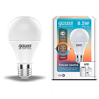 Лампа светодиодная GAUSS Smart Home, Wi-Fi и голосовое управление, програм-ние режимов, диммер, DIM+CCT E27 A60 8.5 Вт 1/10/100 (1130112)