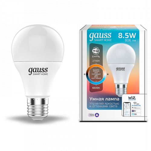 Лампа светодиодная GAUSS Smart Home, Wi-Fi и голосовое управление, програм-ние режимов, диммер, DIM+CCT E27 A60 8.5 Вт 1/10/100 (1130112)