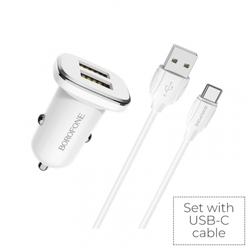 Блок питания автомобильный 2 USB Borofone BZ12, Lasting, 2400mA, пластик, кабель Type-C, цвет: белый (1/44/176) (6931474708670)